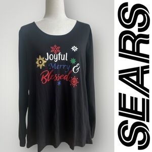 NWT Sears‎ Black Festive Women's Long Sleeve Tee, Size XL, MSRP $20